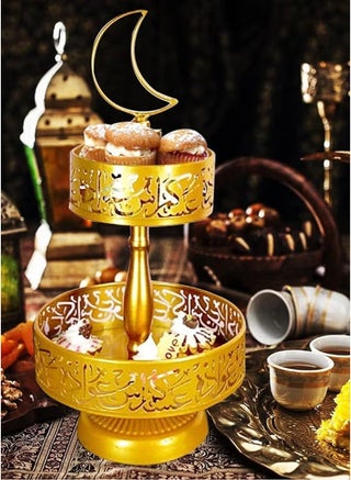 صينية رمضان ذات طبقتين، قطعة زينة لطاولة رمضان، زينة رمضان للمنزل، حامل عرض رمضان للمعجنات والحلويات والفواكه وغيرها (ذهبي) - view 4